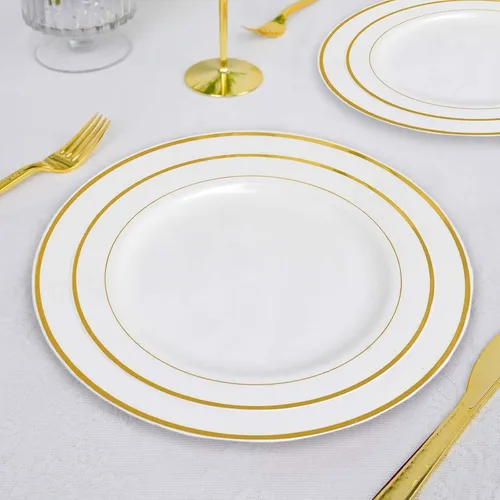 Vista 10 de Efavormart - Paquete de 50 platos redondos de postre de plástico Très Chic de 6 pulgadas con borde dorado