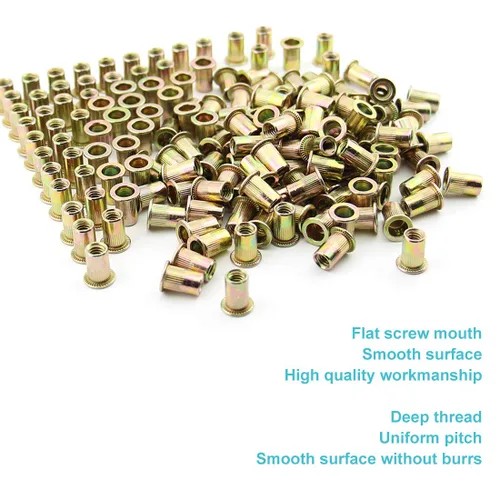 Vista 3 de 100 tuercas remachadoras de 1/4 "-20 UNC, acero al carbono, cabeza plana moleteada, cuerpo moleteado, tuercas de inserción roscadas (1/4-20 remaches)
