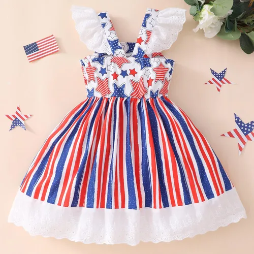 Vista 7 de Vestido para niñas del 4 de julio, con bandera americana, patriótico, estrellas, rayas, vestidos para el Día de la Independencia para niños de 1 a 8