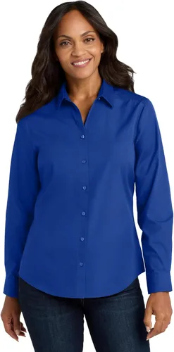 Vista 8 de Port Authority Camisa de popelín con manga larga y botones sin preocupaciones para mujer