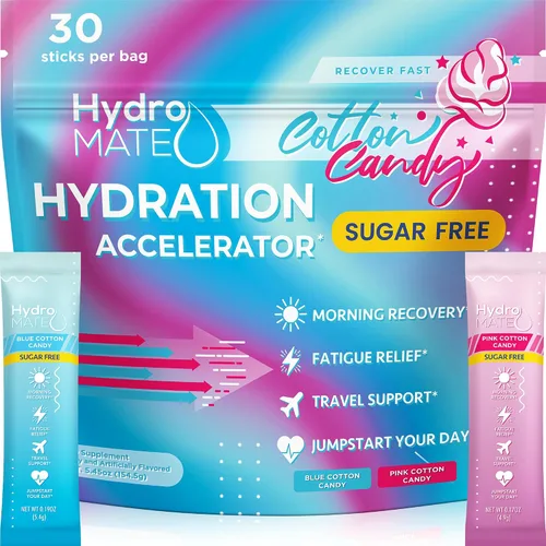 Vista 7 de HydroMATE Polvo de Electrolitos Sin Azúcar Sabor Algodón de Azúcar - 16 Sobres de Hidratación Instantánea con Vitamina C para Aumentar la Energía