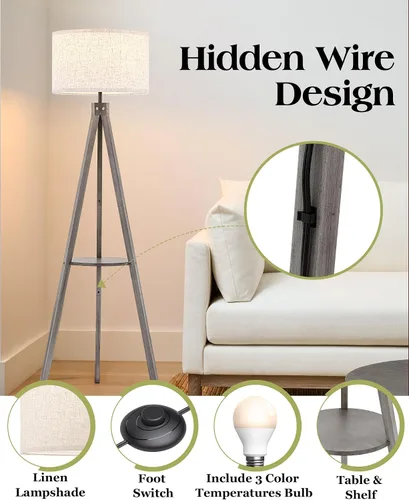 Vista 4 de ELYONA Lámpara de pie con trípode de madera estilo granja con mesa, lámpara de pie de lectura moderna con 3 temperaturas de color, bombilla LED