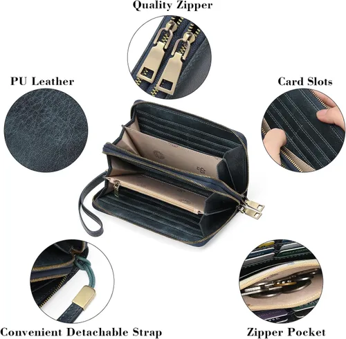 Vista 6 de GAEKEAO Cartera de mano para mujer, con bloqueo RFID, de piel, de gran capacidad, con correa de mano