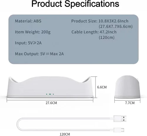 Vista 6 de Soporte de base de carga para Oculus Quest 2 con 2 baterías recargables cable de carga USB-C 4 cabezales de conector magnéticos 2 cubiertas