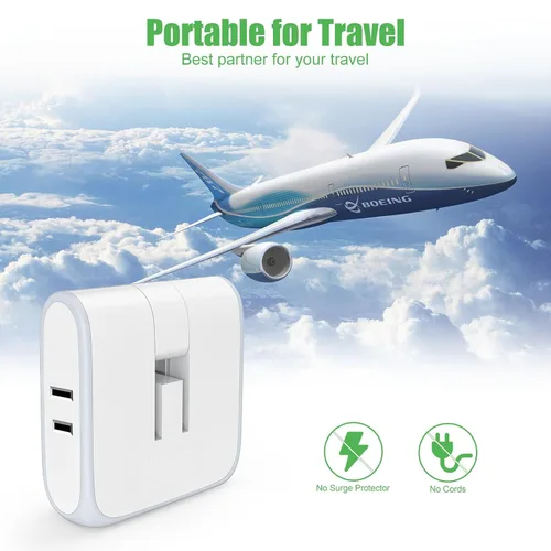 Vista 5 de Extensor de salida de pared plana con puertos de carga USB, tira de alimentación giratoria de 180°, 2 puertos USB, enchufe plegable de 2 clavijas