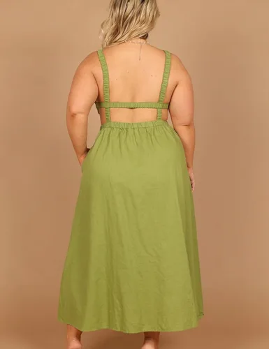 Vista 5 de KOUNAI Vestido midi de lino de algodón con espalda descubierta corte imperio sin mangas cintura elástica para la playa