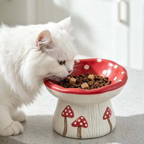 Vista 9 de Cuenco elevado del gato del alimentador lento, hongo lindo de cerámica