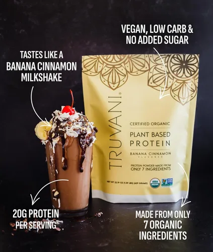 Vista 3 de Truvani Proteína en polvo de guisante vegana Banana Canela 20g de proteína vegetal orgánica 20 porciones Keto Sin gluten ni lácteos Bajo