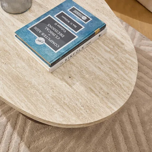 Vista 7 de Mesa auxiliar ovalada moderna de 55 pulgadas, patas de diseño de nogal y mesa curva con acabado de mármol sintético, mesa central de sofá de madera