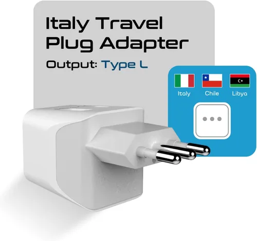 Vista 2 de Adaptador de viaje Ceptics, de EE. UU. a Japón, Filipinas, con doble USB, tipo A, ultra compacto Tipo L - Italia