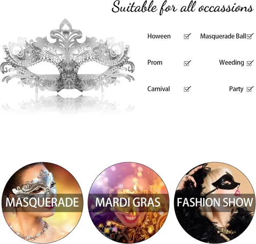 Vista 5 de Máscara de mascarada para mujer, máscara de metal de Halloween, fiesta veneciana, apta para fiestas de disfraces, baile de graduación, Mardi
