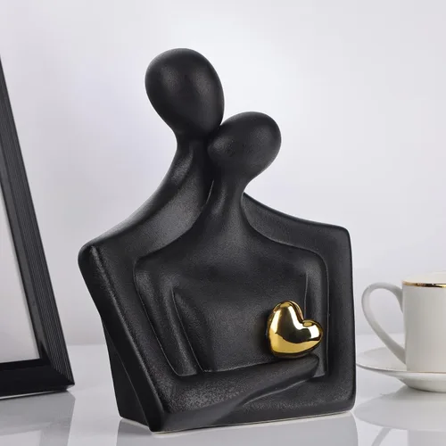 Vista 6 de XMGZQ Estatua de pareja de oro negro, figura abstracta de cerámica para amante, artículos de decoración del hogar, regalo romántico para ella