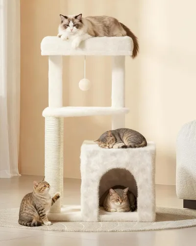 Vista 7 de Torre de árbol para gatos de interior, condominio para gatos de varios niveles de 33 pulgadas con postes rascadores, percha grande, juguete colgante
