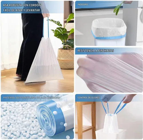 Vista 6 de FORID Mini Bolsas de Basura con Cordón - Bolsas de Basura Pequeñas de 2 Galones para Baño, Bolsas de Basura de Plástico Blanco, Forros para Bote