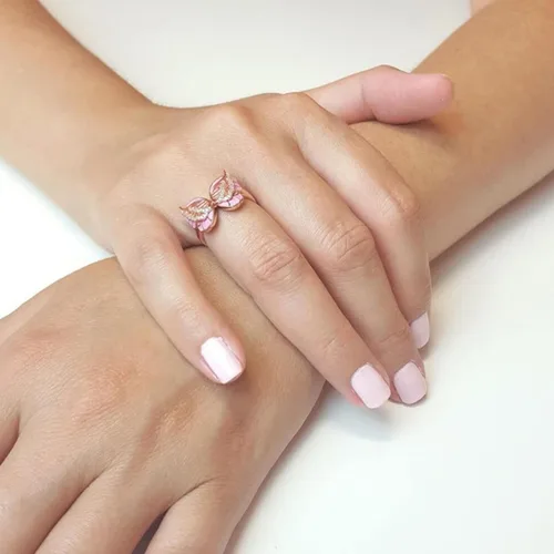 Vista 7 de Anillo de mariposa rosa con incrustaciones de circonita para mujer, anillo elegante de joyería vintage