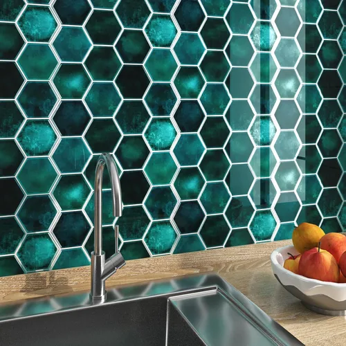 Vista 8 de FunStick Adhesivos para azulejos de pared en muro de cocina de 12 x 12 pulgadas, azulejos de pared hexagonales 3D autoadhesivos de color verde Verde