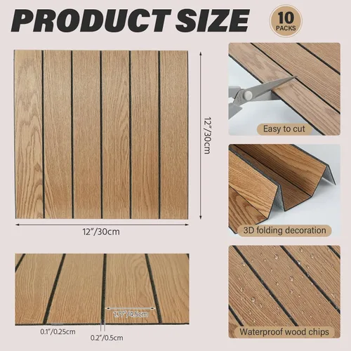 Vista 2 de 10 paneles de pared de listones de madera para despegar y pegar, paneles de pared decorativos de 12 x 12 pulgadas, paneles autoadhesivos con textura