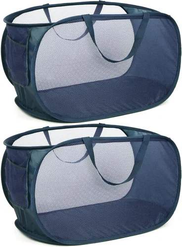 Vista 13 de Cestas de lavandería plegables duraderas, cesta de lavandería desplegable de malla con bolsillo lateral, cesta de ropa plegable con asas
