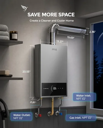 Vista 7 de APUS Calentador de agua sin tanque de gas natural, hasta 3.6 GPM, calentador de agua sin tanque para interiores, 80,000 BTU bajo demanda