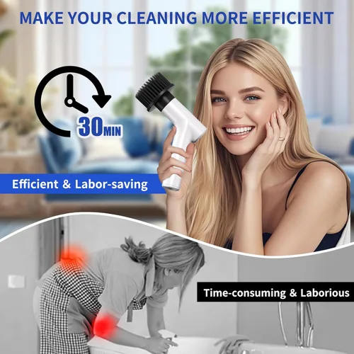 Vista 4 de Limpiador eléctrico giratorio, limpiador de ducha inalámbrico con 7 cabezales de cepillo de repuesto, IPX5 impermeable para baño con mango