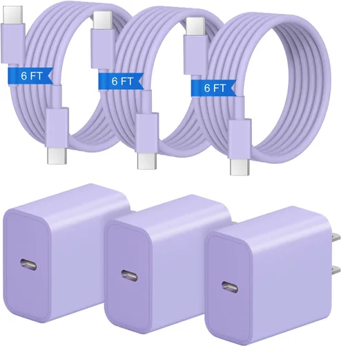 Vista 15 de Cargador de carga rápida para iPhone 17, 16, 15, paquete de 3+3 cargadores de pared USB C de 20 W con cable de carga rápida de 6 pies compatible