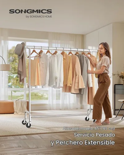 Vista 2 de SONGMICS Perchero con ruedas, perchero resistente con barra extensible para colgar, capacidad de carga de 286.6 libras, 17.7 x (43.3-59.1) x 64.1