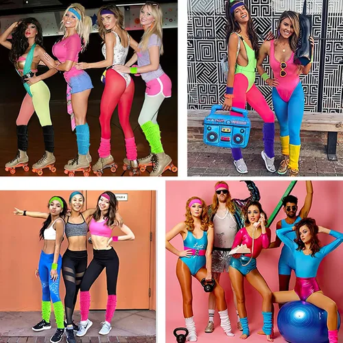 Vista 7 de Calentadores de piernas para mujer, muñequeras con diadema de los años 80, juego de calentadores de piernas de neón para deporte, yoga, ropa