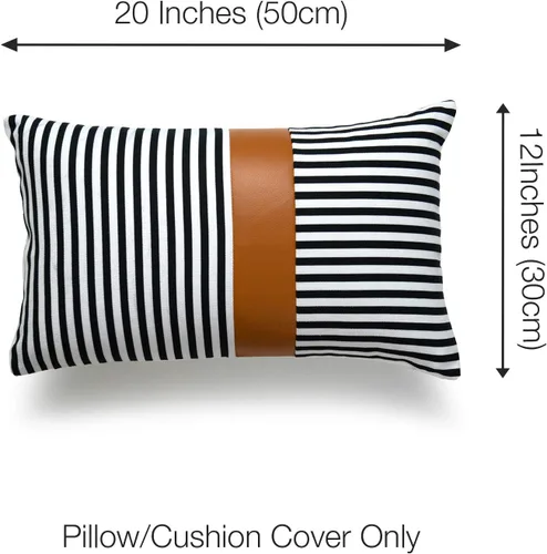Vista 3 de Hofdeco Funda de almohada de piel sintética y 100% algodón, diseño moderno a rayas color negro camel, 12 x 20 pulgadas