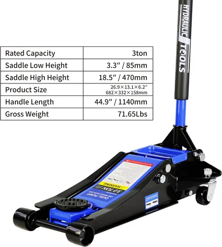 Vista 2 de PULLAFUN Gato de Piso de Perfil Bajo de 3 Toneladas Capacidad 6600 lbs con Pistón Doble, Bomba de Elevación Rápida de Acero Estable Rango de Altura