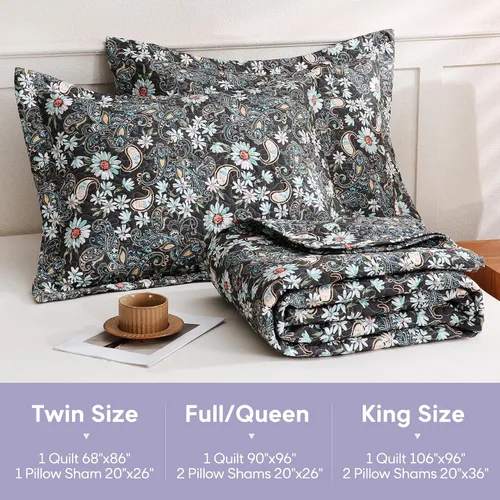 Vista 2 de JSD Juego de edredón floral paisley negro, tamaño twin, 2 piezas de cubrecamas estampadas con funda de almohada, manta acolchada de microfibra suave