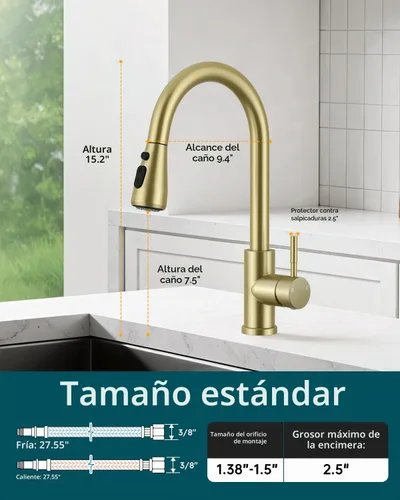 Vista 3 de Hiqufet Grifo de cocina vintage, rociador extraíble, oro cepillado