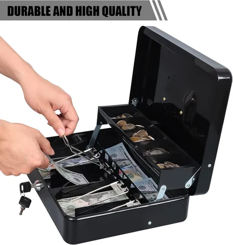 Vista 8 de KYODOLED Caja de efectivo con bandeja de dinero, cerradura de llave con cable de seguridad y bolsa impermeable, 11.81 pulgadas de largo 9.45