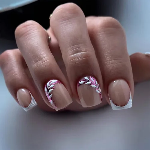 Vista 24 de Uñas postizas a presión de mariposa - Uñas falsas cortas cuadradas con diseños en relieve 3D, punta francesa blanca, acabado mate, acrílico rosa