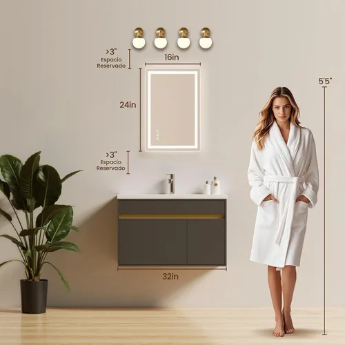 Vista 7 de Espejo de baño LED de 16 x 24 pulgadas con luces, antiniebla, retroiluminado + luz frontal, espejo de tocador de baño iluminado para pared, función