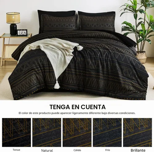 Vista 8 de WONGS BEDDING Juego de edredón Queen, rayas geométricas de oro negro Negro dorado