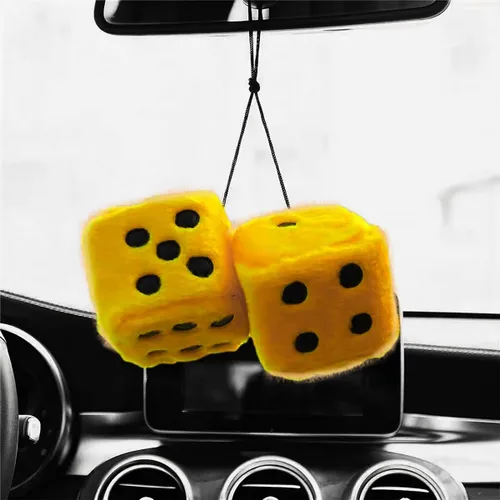 Vista 7 de Par de dados cuadrados retro de felpa mullidos de 3 pulgadas con puntos, decoración para colgar en el espejo del automóvil, adorno para espejo