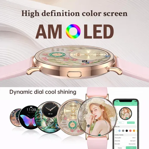 Vista 2 de Relojes inteligentes para mujer, pulseras pequeñas, correa de silicona rosa de 1.614 in, reloj inteligente con llamada Bluetooth, pantalla AMOLED