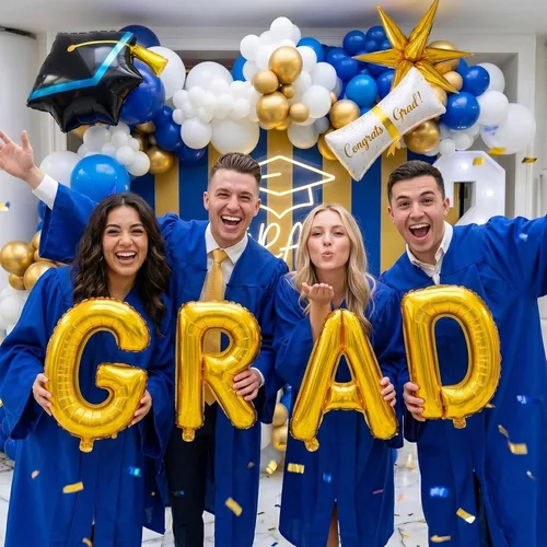 Vista 2 de Kit de arco de guirnalda de globos de graduación de 120 piezas con certificado de graduación, gorro de graduación, letra, globos de Mylar