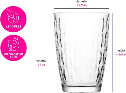 Vista 4 de LAV Juego de 6 vasos de vidrio transparente de 14 onzas, juego de vasos de agua para el hogar y la cocina