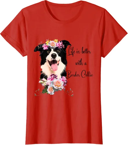 Vista 84 de Life is Better With a Border Collie - Camiseta de perro lindo con flores, gris, S Gris Oscuro
