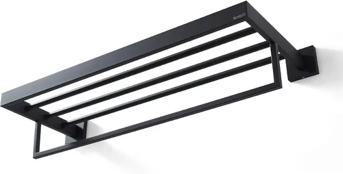 Vista 5 de Toallero, toallero para baño, toallero cuadrado moderno estilo hotel con estante, 24 pulgadas, negro mate, montado en la pared, sin montaje, serie