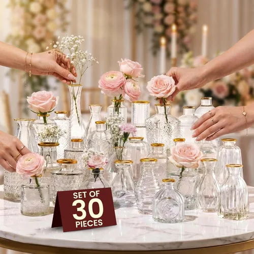 Vista 12 de 12 jarrones ámbar de alta calidad con bordes dorados, pequeños jarrones a granel para decoración de mesa y boda, mini jarrones para flores, centros