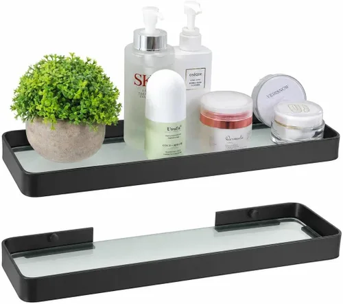 Vista 7 de Z metnal Estantes pequeños de vidrio para baño, estante flotante negro mate, mini organizador de estantes de pared, montado en la pared