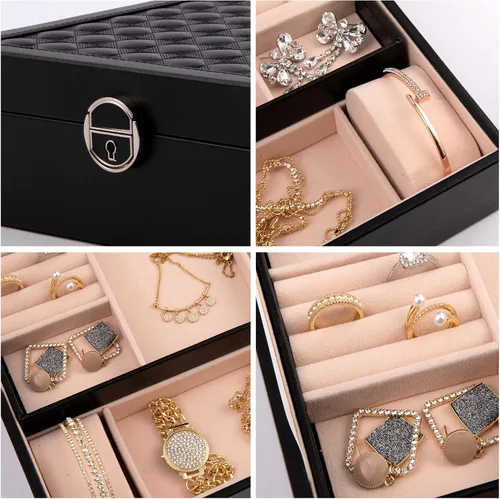 Vista 3 de JinHuoHuo Joyero organizador para mujeres y niñas, estuche grande de almacenamiento de joyas de 2 capas, caja de joyería de piel sintética, bandeja