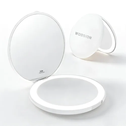 Vista 11 de WOBSION Espejo compacto de viaje, espejo de maquillaje LED portátil 1x/10x con aumento, espejo de bolsillo de 2 caras de mano, espejo pequeño