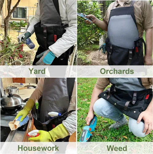 Vista 6 de Delantal de jardinería impermeable con espalda cruzada, delantal extra 600D resistente para cosecha y grandes bolsillos de liberación rápida Negro
