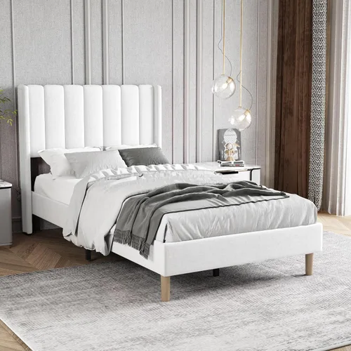 Vista 21 de Base de cama tapizada de tamaño individual con cabecero, listones de madera fuertes, no necesita somier, fácil montaje, terciopelo beige