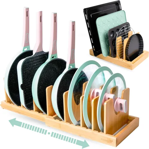 Vista 9 de Organizador de bambú expandible para utensilios de hornear y tabla de cortar, estante ajustable para tapas de ollas, bandeja para galletas y bandeja