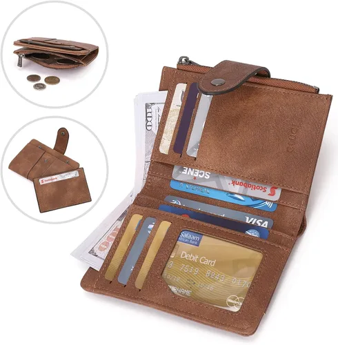 Vista 4 de Cartera pequeña para mujer, de cuero, plegable, multitarjeta, organizador de diseñador, moneda con cremallera y ventana de identificación extraíble
