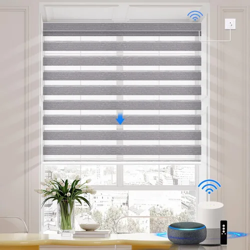 Vista 9 de Persianas motorizadas de cebra compatibles con HomeKit, Alexa, Google, persiana enrollable de doble capa con motor cableado Wi-Fi/Bluetooth, 110
